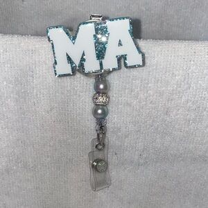 White and Blue Glitter Badge Reel for MA (medical assistant)